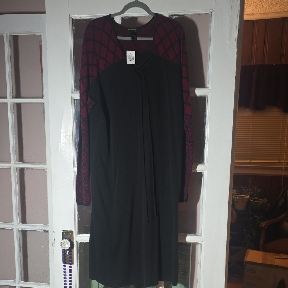 Ashley Stewart Black and Burgundy Long Sleeve Dress